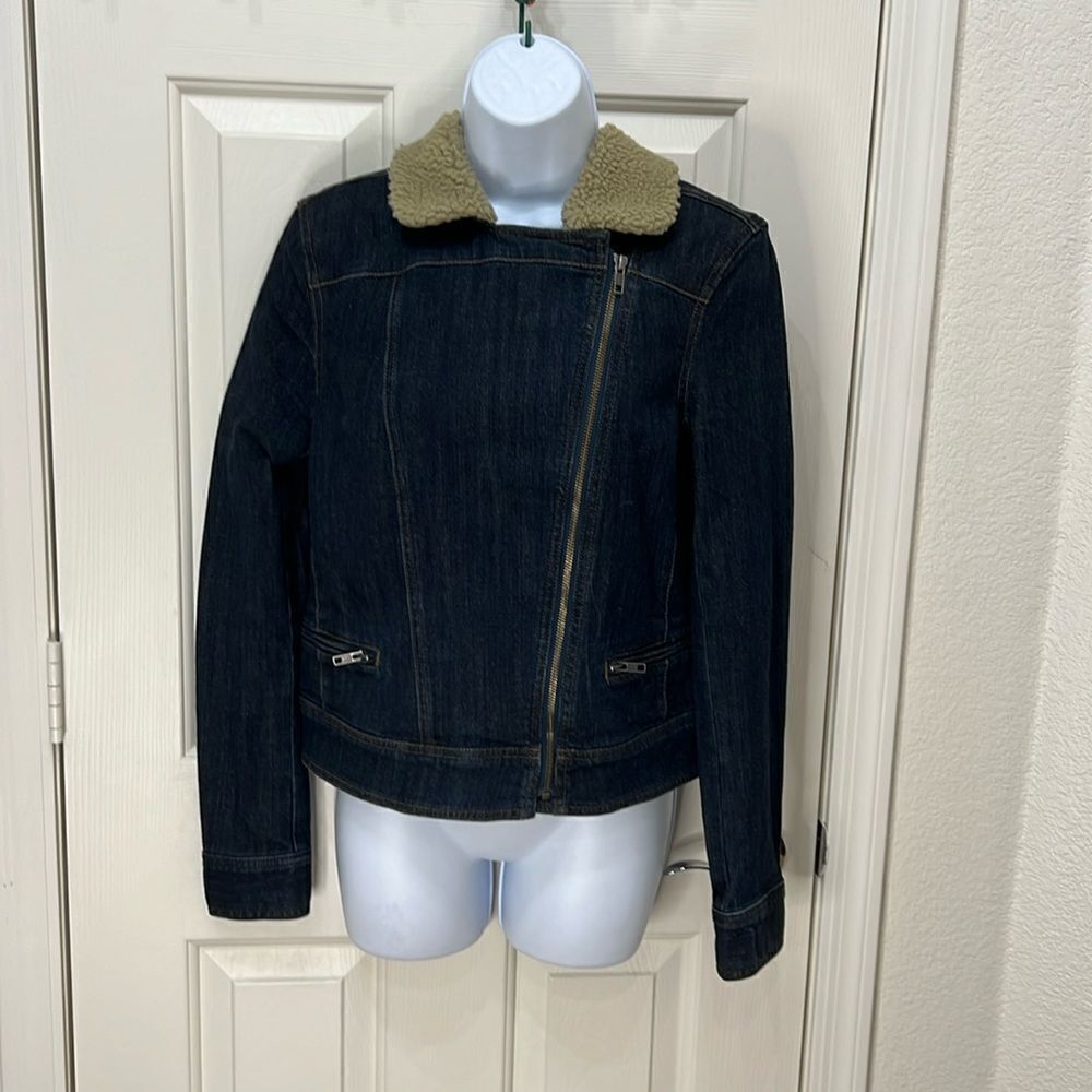Articles of Society Moto Jacket Dark Blue Denim Sherpa Collar Size Medium New